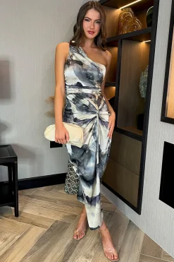 Multi Marble Print One Shoulder Knot Skirt Satin Midi Dress