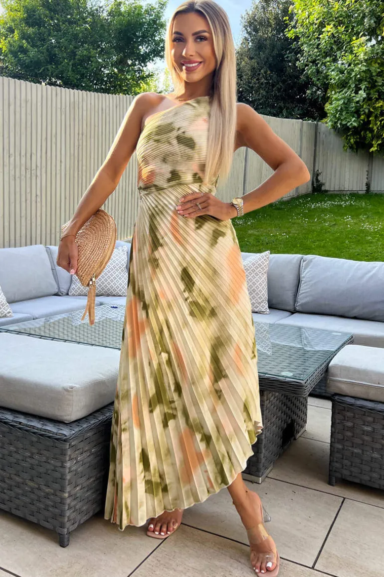 Multi Marble Print One Shoulder Pleated Satin Midi Dress