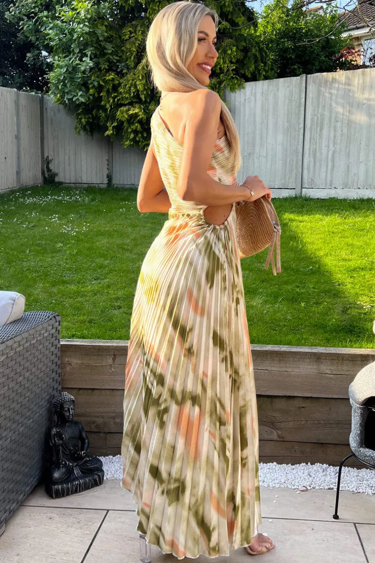 Multi Marble Print One Shoulder Pleated Satin Midi Dress