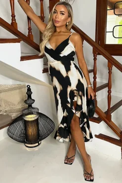 Multi Marble Print Strappy High Low Frill Hem Midi Dress