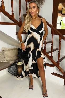 Multi Marble Print Strappy High Low Frill Hem Midi Dress