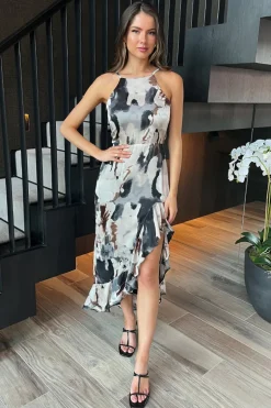 Multi Marble Print Strappy High Low Frill Hem Midi Dress