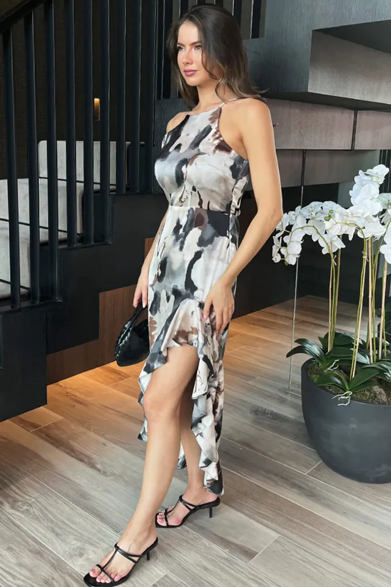 Multi Marble Print Strappy High Low Frill Hem Midi Dress