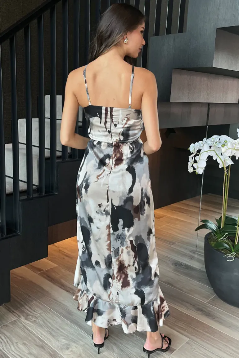 Multi Marble Print Strappy High Low Frill Hem Midi Dress