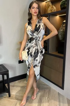 Multi Marble Print Wrap Top Gathered Skirt Midi Dress