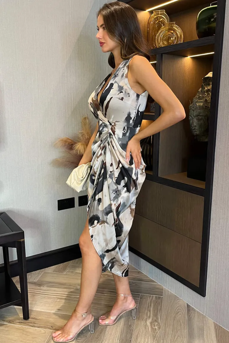 Multi Marble Print Wrap Top Gathered Skirt Midi Dress