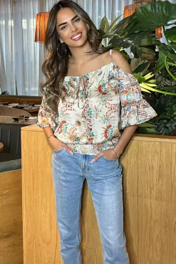 Multi Paisley Print Cut Out Shoulder Top