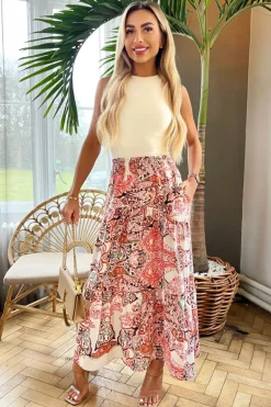 Multi Paisley Print Shirred Waist Maxi Skirt