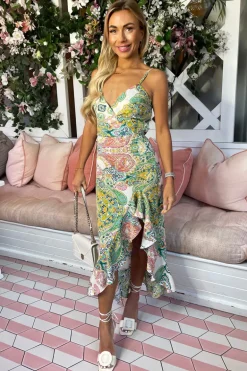 Multi Paisley Printed Wrap Over Strappy Midi Dress