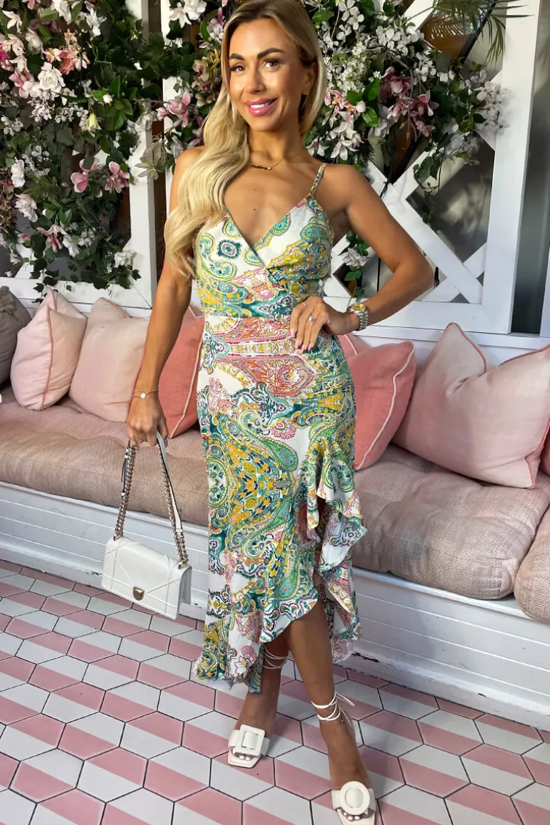 Multi Paisley Printed Wrap Over Strappy Midi Dress