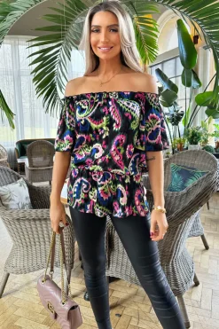 Multi Print Bardot Frill Sleeve Top