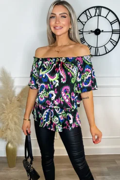 Multi Print Bardot Frill Sleeve Top