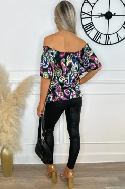 Multi Print Bardot Frill Sleeve Top
