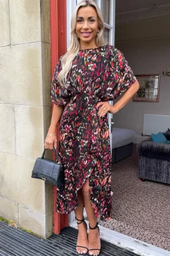 Multi Print Batwing Top Wrap Skirt Midi Dress