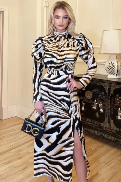 Multi Print High Neck Long Puff Sleeve Midi Dress