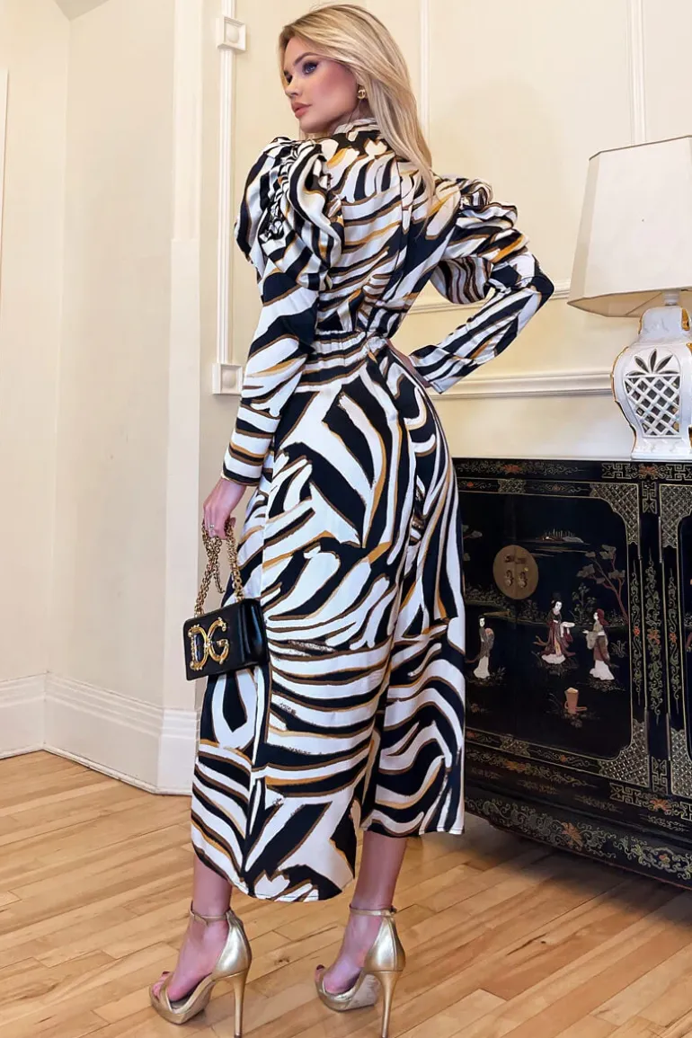 Multi Print High Neck Long Puff Sleeve Midi Dress