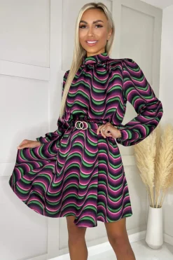 Multi Print Long Sleeve High Neck Belted Skater Dress