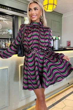 Multi Print Long Sleeve High Neck Belted Skater Dress