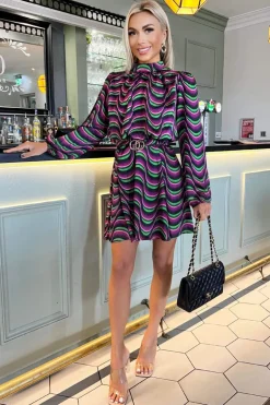 Multi Print Long Sleeve High Neck Belted Skater Dress