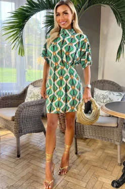 Multi Print Short Sleeve High Neck Skater Dress