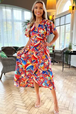 Multi Printed Butterfly Sleeve Wrap Midi Dress