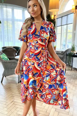 Multi Printed Butterfly Sleeve Wrap Midi Dress