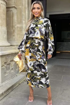 Multi Printed High Neck Balloon Sleeve Midi Dress