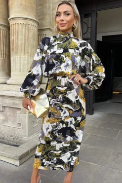 Multi Printed High Neck Balloon Sleeve Midi Dress