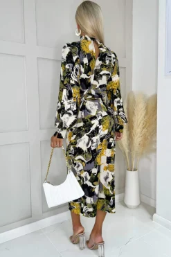 Multi Printed High Neck Balloon Sleeve Midi Dress