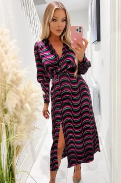Multi Printed Long Sleeve Wrap Top Midi Dress