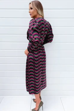 Multi Printed Long Sleeve Wrap Top Midi Dress