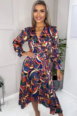 Multi Printed Long Sleeve Wrap Over Midi Dress