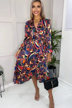 Multi Printed Long Sleeve Wrap Over Midi Dress