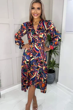 Multi Printed Long Sleeve Wrap Over Midi Dress