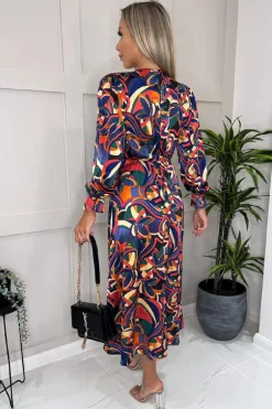 Multi Printed Long Sleeve Wrap Over Midi Dress