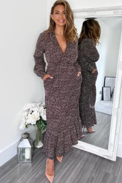 Multi Printed Long Sleeve Wrap Top Smock Midi Dress