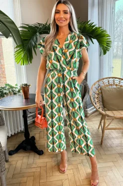 Multi Printed Short Sleeve Wrap Top Jumpsuit
