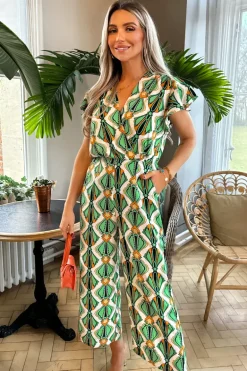 Multi Printed Short Sleeve Wrap Top Jumpsuit