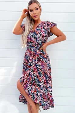 Multi Printed Wrap Over Frill Hem Short Sleeve Midi Dress