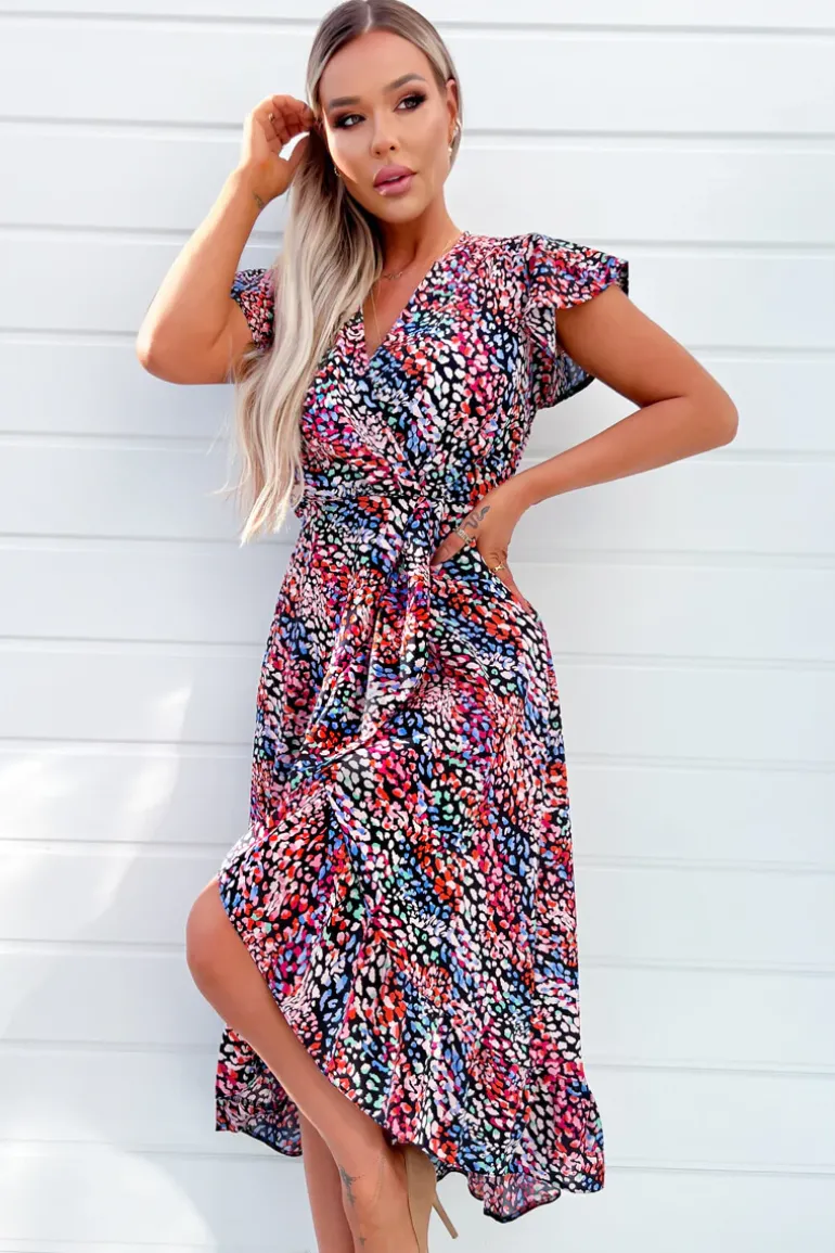 Multi Printed Wrap Over Frill Hem Short Sleeve Midi Dress