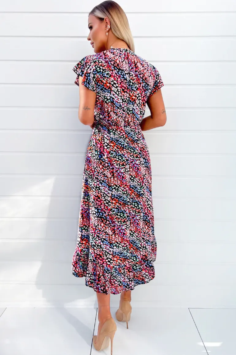Multi Printed Wrap Over Frill Hem Short Sleeve Midi Dress