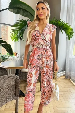 Multi Printed Wrap Top Short Sleeve Belted Jumpsuit
