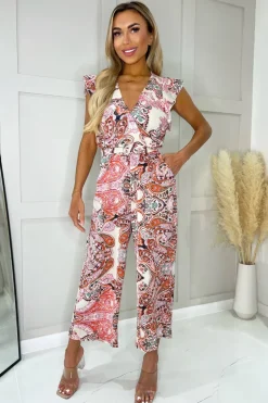 Multi Printed Wrap Top Short Sleeve Belted Jumpsuit