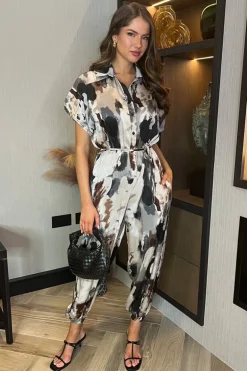Multi Smudge Print Button Front Collared Tie Waist Jumpsuit