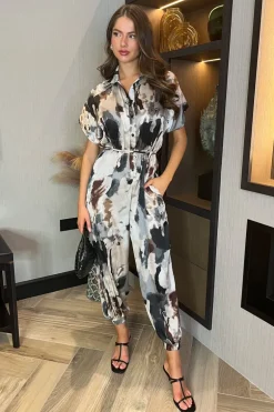 Multi Smudge Print Button Front Collared Tie Waist Jumpsuit
