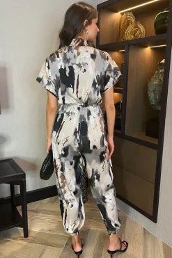 Multi Smudge Print Button Front Collared Tie Waist Jumpsuit