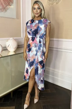 Multi Smudge Print Dipped Hem Midi Dress