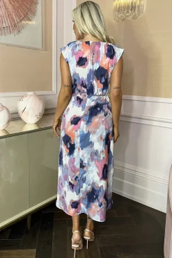 Multi Smudge Print Dipped Hem Midi Dress