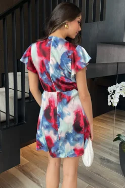 Multi Smudge Print Flutter Sleeve Gathered Side Mini Dress
