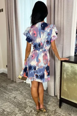 Multi Smudge Print Flutter Sleeve Gathered Side Mini Dress